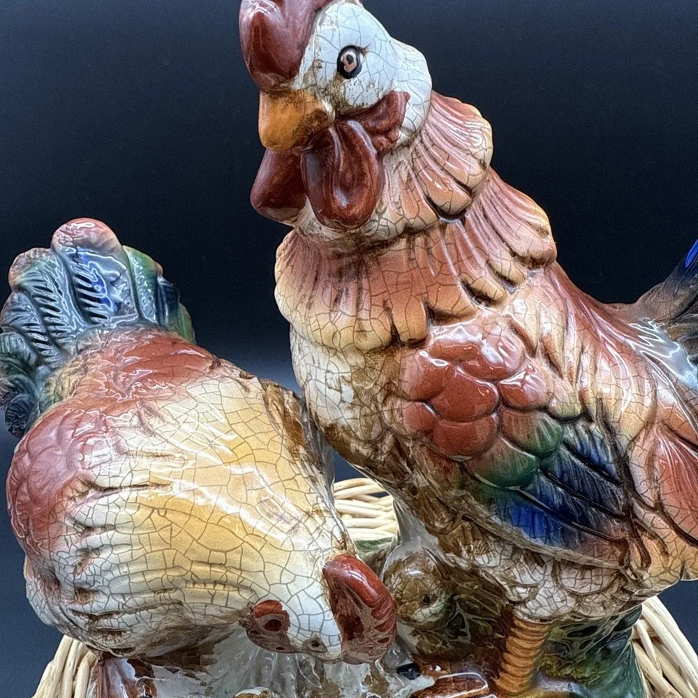 Rooster‎ Hen Baby Chick Figurine - Crackle Effect Colorful Vintage